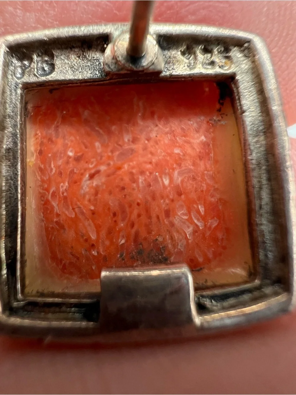 Sterling Silver (925) Orange Sponge Coral Square Stud Earrings Signed PB